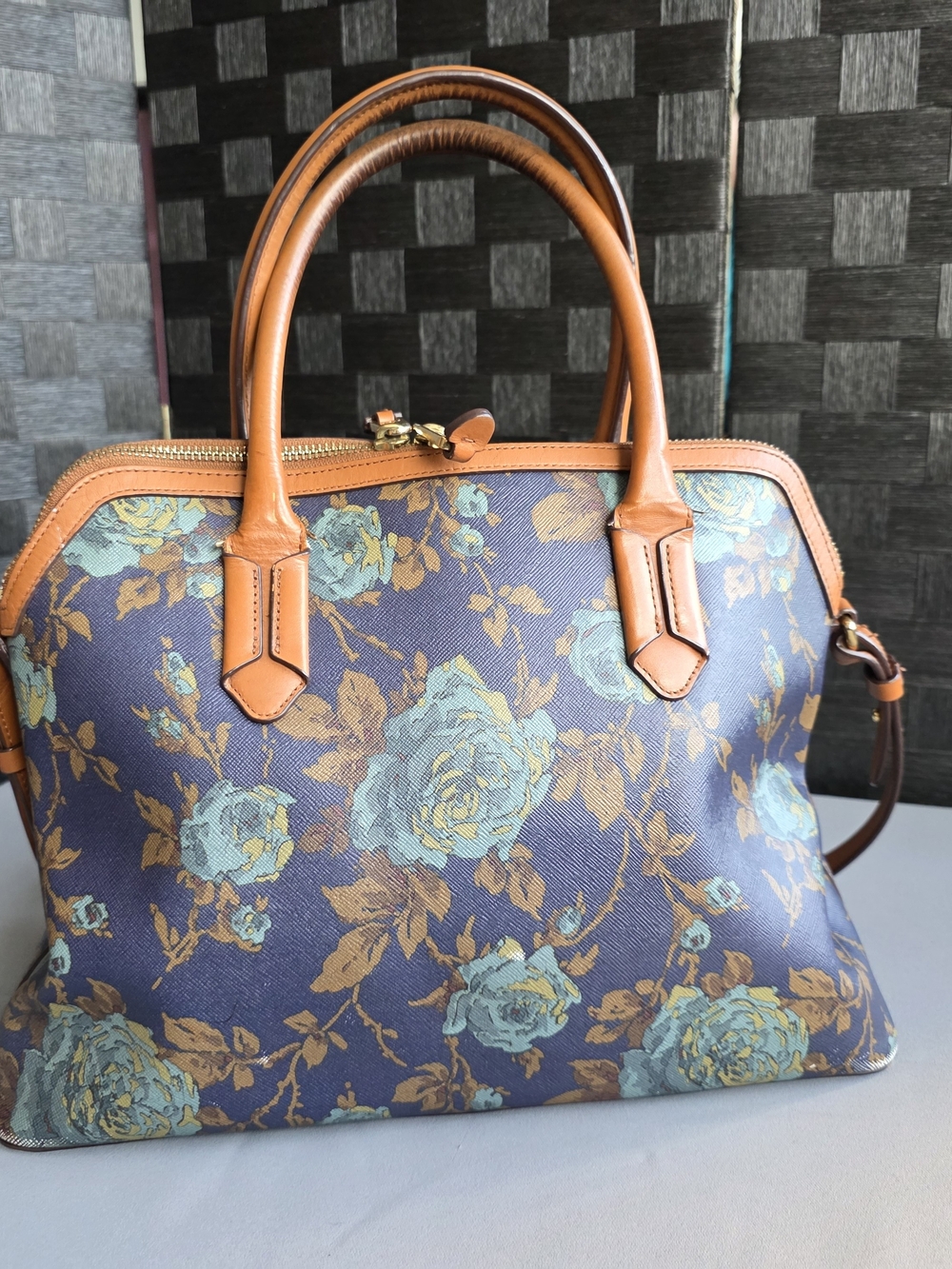 Lauren Ralph Lauren Blue Rose Floral Satchel Crossbody Bag Leather Trim LRL - Picture 2 of 13